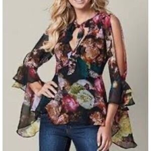 Fairycore Floral Sheer‎ Blouse Womens M Boho Romantic Bell Sleeve Cottagecore